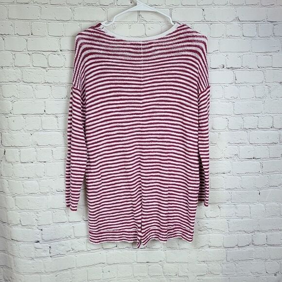 LOFT Red & White Stripe Oversize High Low Split Back V-neck Sweater Slub Knit XS - Picture 4 of 8